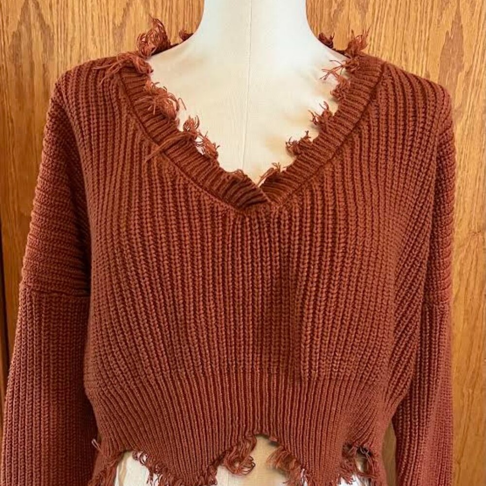Distressed V Neck (Rust) Frayed Hem Crop Sweater (Distressed) / Size: One-Size